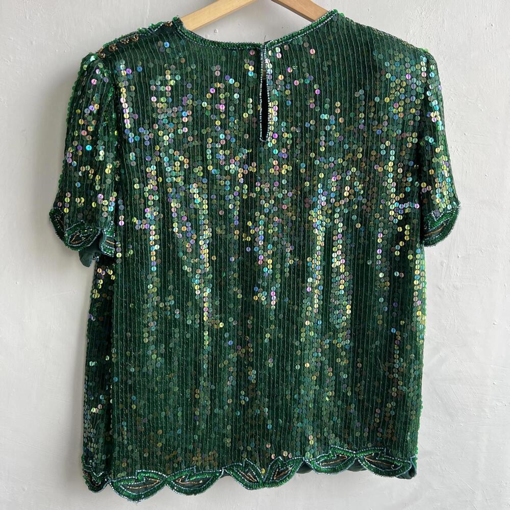 Vintage Braemar Silk Sequin Beaded Top Green 80s Evening M - Picture 13 of 14